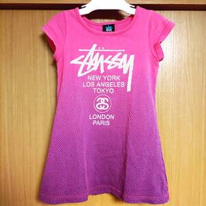 希少☆ステューシーWORLD TOURワンピース半袖Tシャツ桃ピンク紫gradationドット白S/90cmワールドツアーSTUSSYキッズ女の子95cm100cmこども