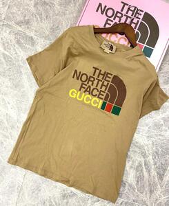 【中古】 GUCCI （グッチ×ザ・ノースフェイス） THE NORTH FACE ロゴ プリント 半袖 Tシャツ ベージュ ブラウン Ｓサイズ 615044