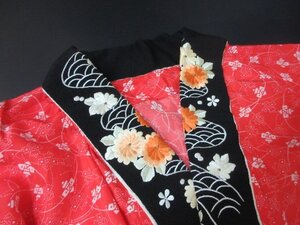 1円 良品 化繊 長襦袢 式典 和装 和服 正月 赤 案山子 おしゃれ 袖無双 身丈132cm 裄68cm【夢職】★★★