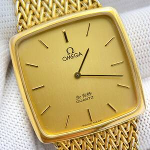 【稼働品】美品 オメガ OMEGA デビル DEVILLE メンズ 腕時計 クオーツ 純正ベルト ゴールド文字盤 スクエア プッシュリューズ 1365 動作