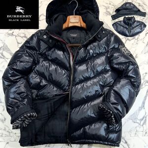 美品/2WAY (M) ●BURBERRY BLACKLABEL バーバリー ブラックレーベル ホワイトグース ダウンジャケット ワッペン 裏地チェック 黒 ブラック