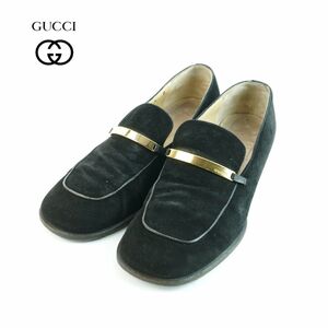 GUCCI グッチ 4 1/2 21.5 ローファー イタリア製 ヒール ラウンドトゥ ゴールド金具 スエード 黒 ブラック/OC35