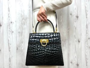 極美品 Ferragamo フェラガモ ガンチーニ 艶 クロコダイル ハンドバッグ ショルダーバッグ バッグ 黒 2WAY 77192