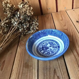 ≫古民家蔵出うぶだし*作者年代不明在銘無し*古い草花染付6寸*中鉢18cm*窯焼物時代ベロ藍紺青陶磁器陶芸骨董品 