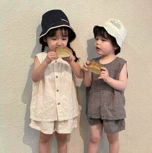 夏　男の子 女の子　セットアップ　100　韓国子供服　ブラウス　Tシャツ　ノースリーブ　ショートパンツ　子供服 ペアルック　お揃い