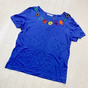 3938☆ Yves Saint Laurent イヴサンローラン トップス 半袖Tシャツ クルーネックTシャツ レディース M ブルー 刺繍