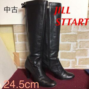 【売り切り!送料無料!】A-374 JILL STUART!レザーロングブーツ!ブラック!黒!24.5cm!天然皮革!おしゃれ!サイドジップ !着脱楽!中古!