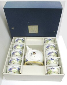 ★ 98779 茶器セット 湯飲10個+急須1個 瑞陶 花 扇 土瓶茶器 陶器 食器 急須 幅16.5ｘ奥行13ｘ高さ7㎝ 湯呑 直径18.7ｘ高さ5.2㎝ 未使用 ★