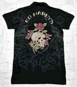 新品 エドハーディー 総柄 ポロシャツ ラインストーン スカル ドクロ　　ハイデザイン Ed Hardy ロゴボタン 未使用品 半袖 タトゥー 玉7980