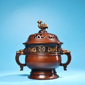 ◆古寳堂◆清 紫銅製 塗金 雙耳 熏香炉 置物 賞物 極細工 古置物 古擺件 中国古美術 時代物 古董品
