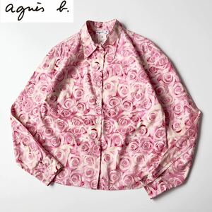 希少 90s〜00sビンテージ agnes b. アニエスベー ローズプリントシャツ サイズ2 M ピンク系 総柄シャツ ブラウス 薄手コットン