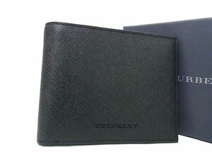 1円 ■新品同様■ BURBERRY バーバリー レザー 財布 二つ折り 財布 ウォレット 札入れ メンズ レディース ブラック系 BL1441