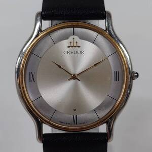 1円~【実動】セイコー SEIKO クレドール CREDOL 5A74-0020 クォーツ メンズ腕時計 シルバー文字盤 18K BEZEL ラウンド ローマン J121580