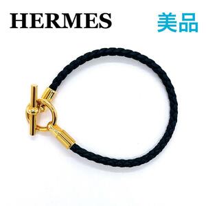 エルメス HERMES GP×革 グレナン ブレスレット　レザー　ゴールド金具