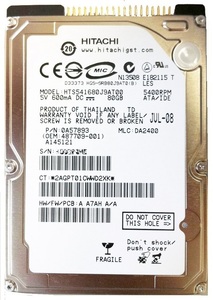 2.5インチ 内蔵HDD　ノート用HDD　日立GST Travelstar 5K160(80GB/ATA100/5400rpm/8MB) HTS541680J9AT00 中古HDD　ノートハードデスク【中