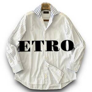 B21 美品 名品！溢れる爽やか 定価5万 XLぐらい 42『エトロ ETRO』イタリアンコットン ブルー ストライプ 長袖 シャツ 鮮やかな色合い！