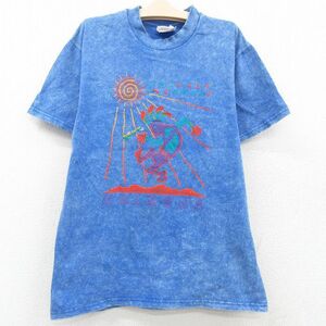 古着 ヘインズ 半袖 ビンテージ Tシャツ キッズ ボーイズ 子供服 00s アリゾナ ココペリ ホピ族 刺繍 コットン クルーネック 青 ブルー