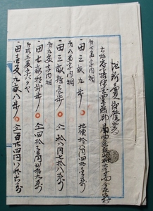 古文書・地所賣渡證書 (筆書き,3丁綴り,明治32年品)　証券印紙.菊型 (凸版,発行開始:明治17.7.1) 10銭と２銭ペア貼(計14銭分)　土地譲渡書