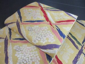 1円 良品 正絹 袋帯 綴れ 和装 和服 アンティーク レトロ 菱 花菱 幾何学 抽象 お洒落 六通柄 長さ444cm【夢職】★★★