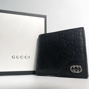 極美品◆GUCCI グッチ 折り財布 コンパクトウォレット ケース GG シマレザー ブラック 黒 メンズ 1円