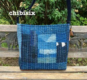 【1000円スタート】chibisix■■ハンドメイド 　古布　 バッグ■■藍染　刺し子　ショルダー　柿渋染め　リメイク■■