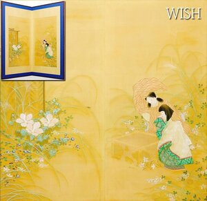 【WISH】在銘 日本画 二枚折屏風 金泥仕様 絹本 秋の野花 童子 時代絵 少女 #24102051