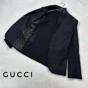 GUCCI カシミヤ2b テーラード ジャケット ブラック 38 グッチ ガンチーニ GGマーモント 柄 黒 異素材 ドッキング リブニット 切替 伸縮性有