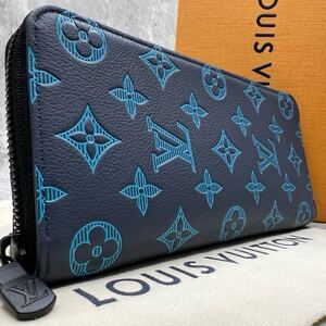 【現行 新品未使用】ルイヴィトン LOUIS VUITTON ヴェルティカル 長財布 ラウンド モノグラム シャドウ レザー ブルー メンズ M82322