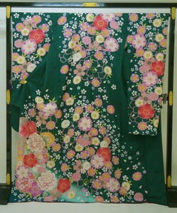 ☆60612-38☆中古美品 振袖 桜柄 花尽くし 緑 裄68.5㎝ 身丈170.5㎝ レンタル下がり品