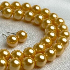 花珠貝パールネックレスピアスセット　10mm 42cm ゴールド　pearl necklace jewelry 