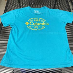 コロンビア Colombia 半袖 プリントTシャツ 水色 サックス ターコイズ XLサイズ 色アセ、穴、全体的に毛玉感あり（洗濯済み