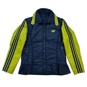 80s 90s adidas デサント 中綿 ナイロン トラックジャケット トレフォイル 紺 黄緑 袖ライン ビッグサイズ アディダス DESCENTE ジャージ