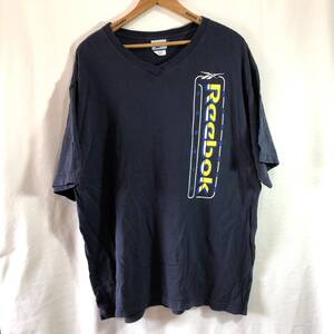 ■ USA製 Vネック Reebok Sports リーボック 刺繍ロゴ入り 半袖 Tシャツ 古着 アメカジ スポーツ フィットネス ネイビー サイズXL■