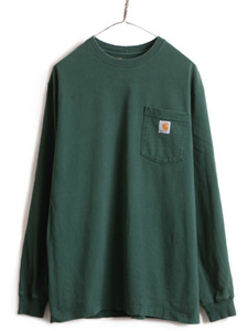 ■ カーハート ポケット付き 長袖 Tシャツ ( メンズ M ) 古着 CARHARTT ロンT ワンポイント ポケT ロゴT ヘビーウェイト ヘビーオンス 緑