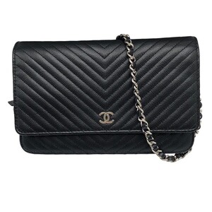 シャネル CHANEL Vステッチ チェーンウォレット A33814 ブラック×SV金具 キャビア ショルダーバッグ レディース 中古