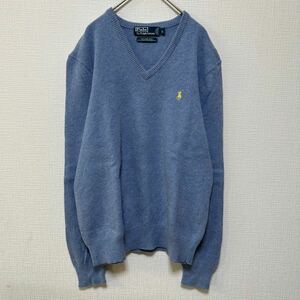 Polo by Ralph Lauren ニット セーター ポロラルフローレン Vネック ウール ラムウール 青 ブルー 古着 L