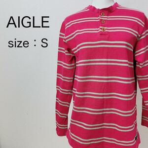 【AIGLE】エーグル ノーカラーポロシャツ ボーダー トップス 長袖 襟なし カジュアル メンズ きれいめ アウトドア ヴィンテージ ユーズド感