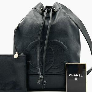 《美品》シール付 CHANEL シャネル キャビアスキン デカココマーク 巾着 ワンショルダーバッグ リュック ポーチ付 ブラック 肩掛け 1番代