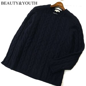 BEAUTY&YOUTH ユナイテッドアローズ 英国製ウール100%★UKヤーン フィッシャーマン ニット セーター Sz.S　メンズ ネイビー　A3T11773_A#K