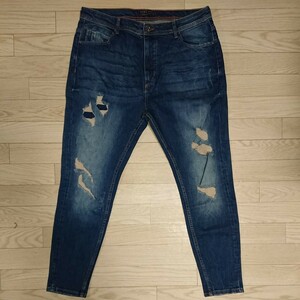 ZARA MAN DENIM ザラ マン スキニー テーパード ジーンズ デニムパンツ インディゴ クラッシュ ダメージ加工 USA 36 大きめ ストレッチ 