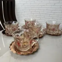レトロなガラスのコーヒーカップ＆ソーサー 水玉  銅製コースター 金彩