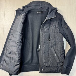 美品/L-XL相当★ディーゼル/DIESEL 縦キルティング コンビパーカー フーデットジャケット ブルゾン 裏起毛フリース ロゴチャーム メンズ 黒