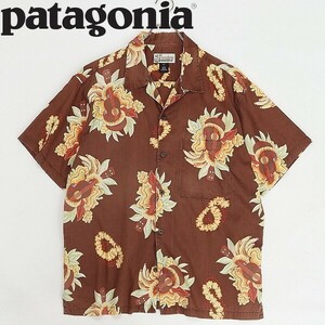 ◆patagonia パタゴニア パタロハ 52538 ウクレレ レイ ハイビスカス 総柄 コットン アロハ シャツ 茶色 ブラウン L