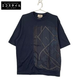 HERMES エルメス H467920HA Parcors Sans Faute Decadre シルク切替Tシャツ ネイビー M トップス シルク メンズ 中古