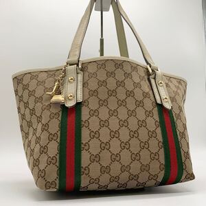 美品 1円 グッチ GUCCI トートバッグ キャンバス GG柄 シェリーライン チャーム レザー 革 レディース ホワイト 白色 ホースビット 鞄