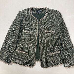 250 TALBOTS タルボット モヘヤ アルパカブランド ツイード ノーカラージャケット サイズ8 フォーマル グリーン 40824L