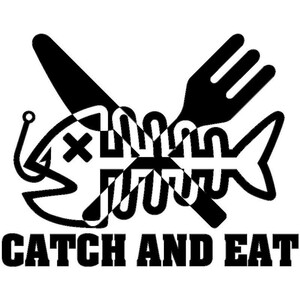 釣り ステッカー CATCH AND EAT 【黒】 Sサイズ 横幅15㎝ キャッチ＆イート 釣り具 フィッシング 切抜き ステッカー シール 防水 屋外OK