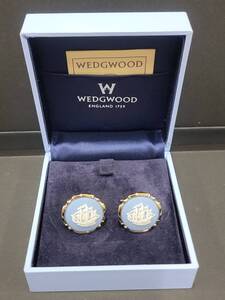 ★WEDGWOOD ウエッジウッド カフス 丸型 ジャスパー ケース付 ペールブルー×ゴールド アクセサリー ジュエリー メンズスーツ小物【中古】