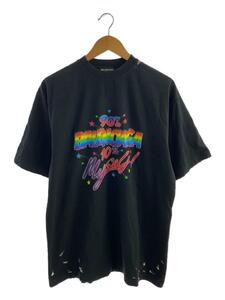 BALENCIAGA◆Tシャツ/XS/コットン/BLK/641675/22AW/ロゴプリント/ダメージ加工//