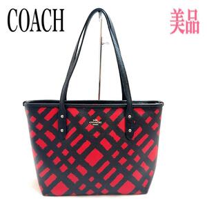 COACH コーチ ハンドバッグ 肩掛け PVC チェック レッド系×ブラック系　ショルダーバック トートバッグ